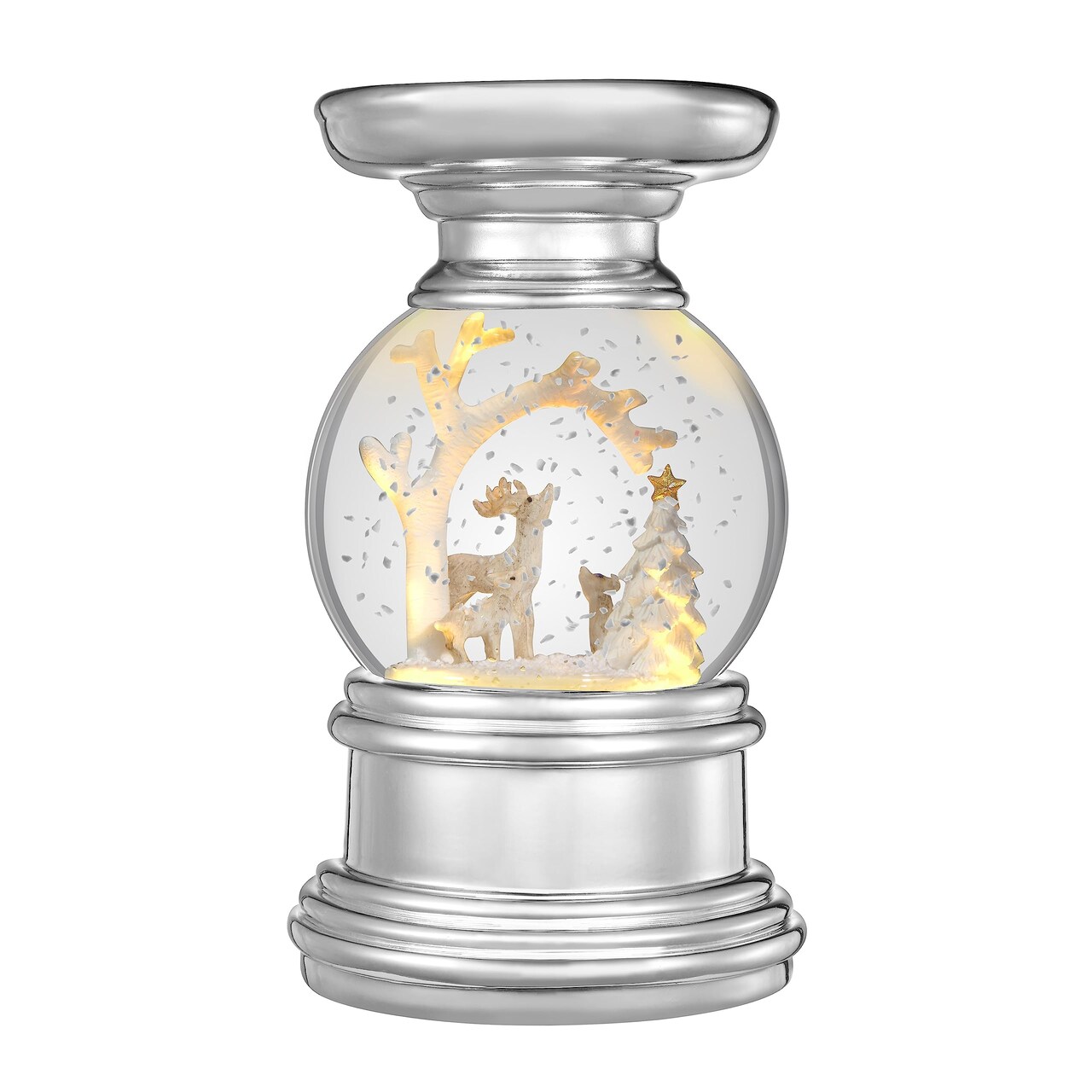 Haute Decor Snowburst 7 Inch Battery Operated Deer in Woods Christmas Snow Globe with Candle Holder and Built-in Timer, 3 Warm White LED�s and Pulsing Snow Swirls for Pillar Candles